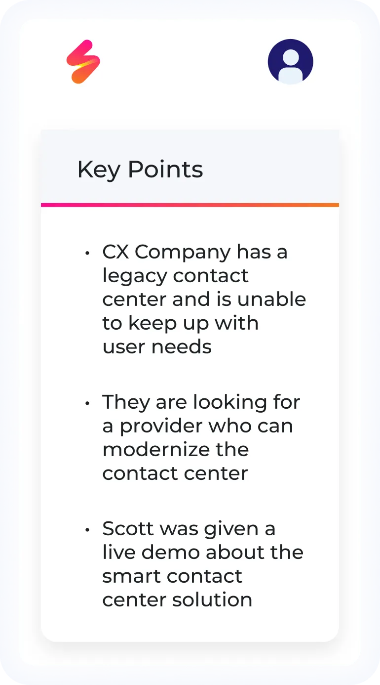 Key points listing CX Company's legacy contact center challenges, seeking modernization, and Scott's live demo of a smart contact center solution.