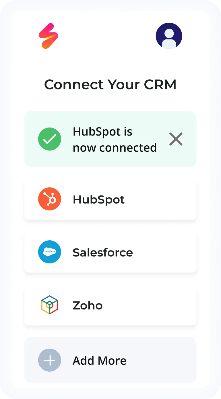 Mobile interface showing options to connect CRM with HubSpot, Salesforce, Zoho, and adding more, with HubSpot currently connected.