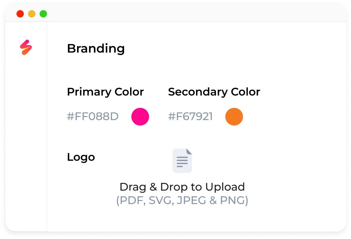 Branding settings interface showing primary color #FF088D, secondary color #F67921, and a drag-and-drop area to upload logo files in PDF, SVG, JPEG, or PNG format.