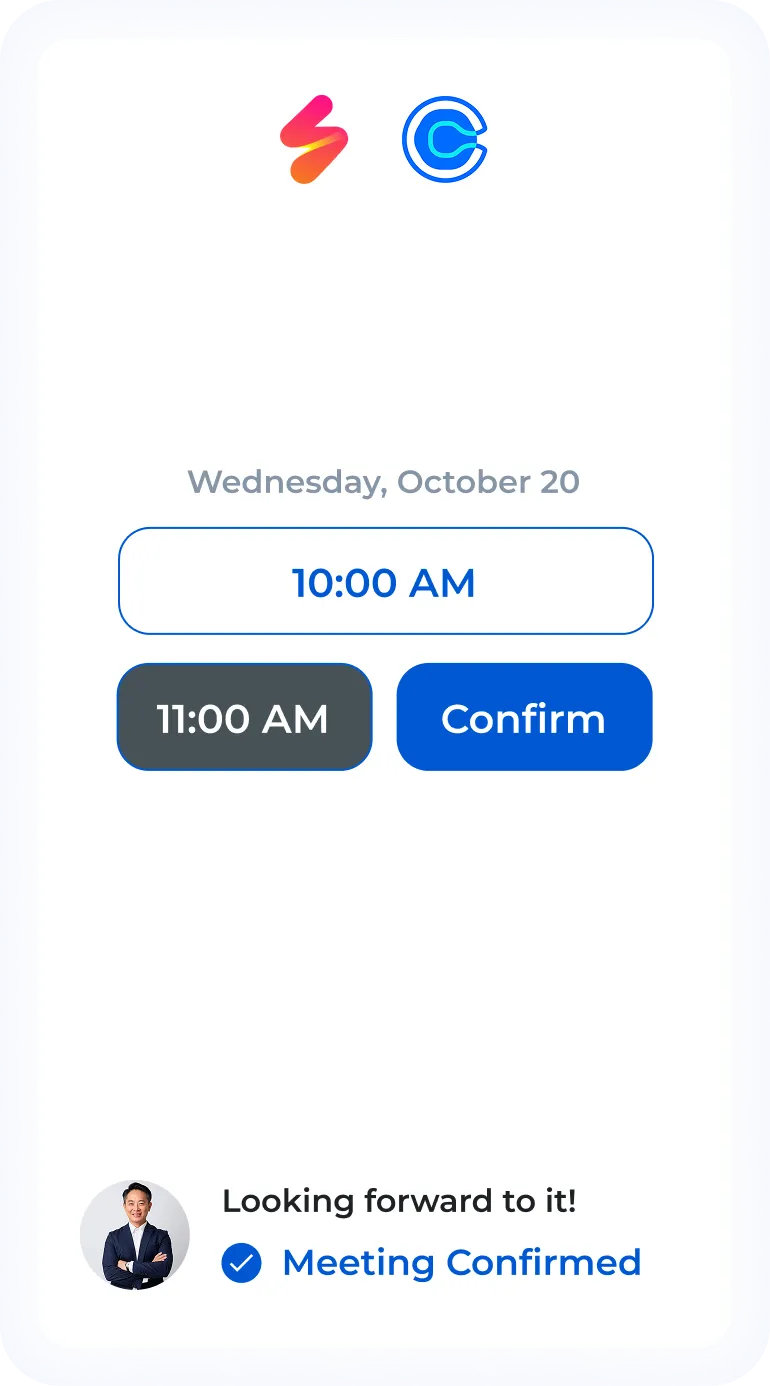 Mobile screen showing a meeting scheduler with date Wednesday, October 20, time options 10:00 AM and 11:00 AM, and a blue Confirm button.