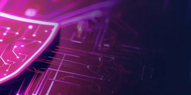 Close-up of a glowing pink digital shield icon with circuit board patterns on a dark background.