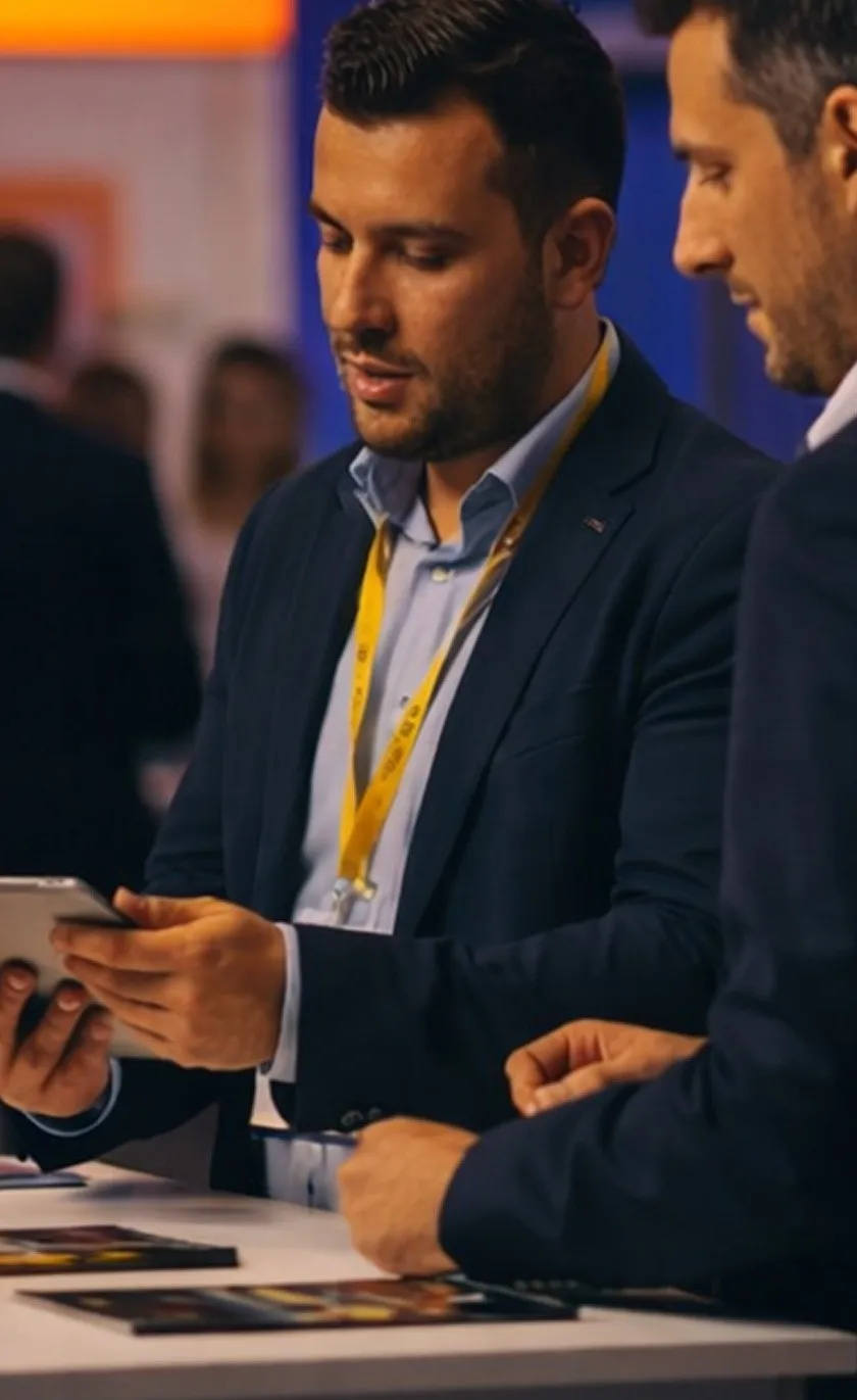Two men in business attire looking at a tablet together at a table during a professional event.