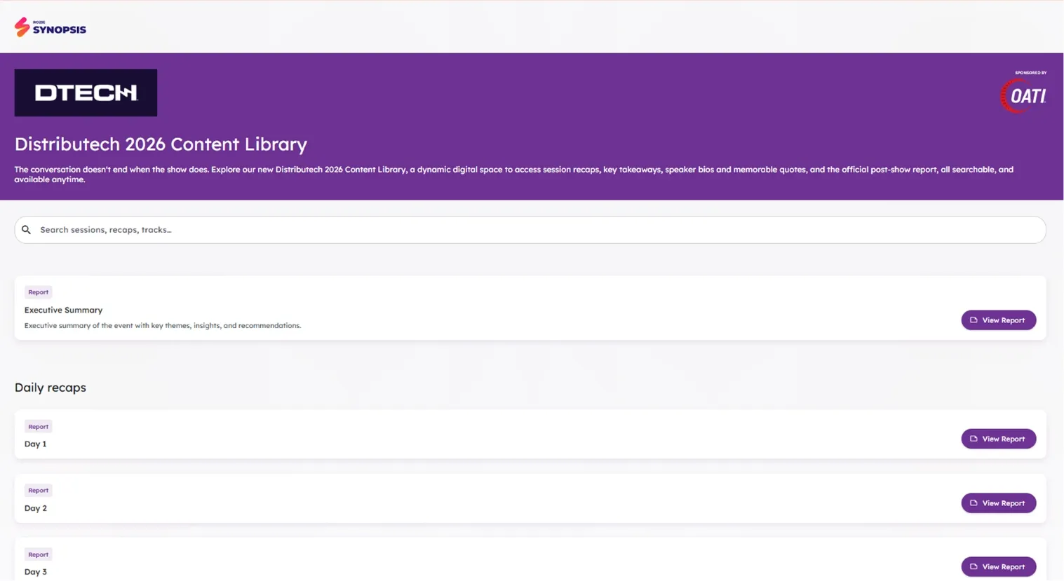Distributech 2026 Content Library webpage with search bar and daily recap reports for Day 1, Day 2, and Day 3, featuring DTECH and OATI logos.
