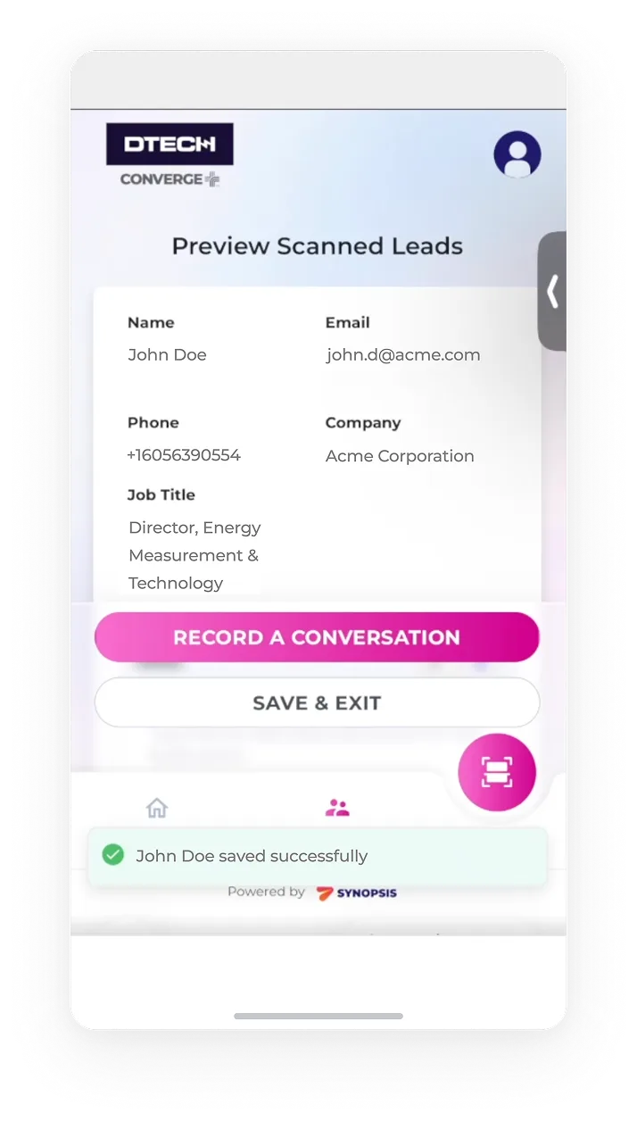 Mobile screen showing a DTECH Converge app preview of scanned lead with contact details for Greg Anthonio, including email, phone, company, and job title, with options to record a conversation or save and exit.