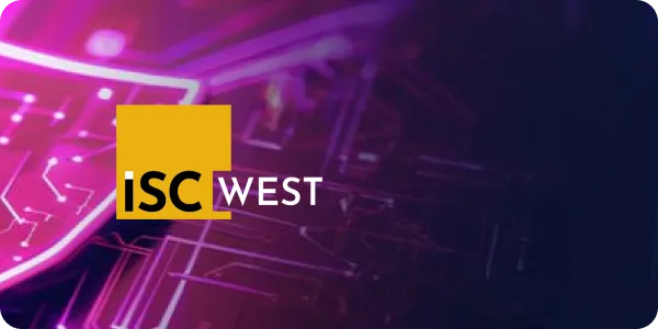 ISC WEST logo with a yellow square and white text on a purple and dark blue tech-style background.