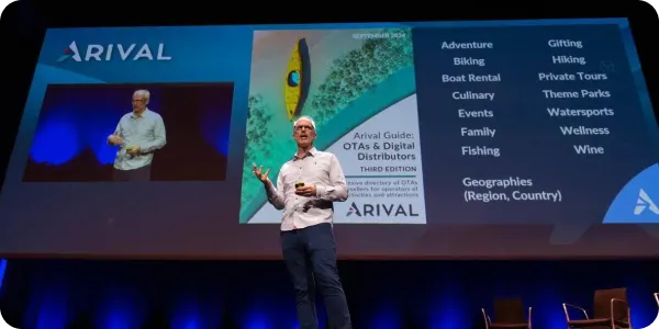 Presenter standing on stage in front of a large screen displaying Arival Guide cover and categories like Adventure, Biking, Culinary, Giftings, Theme Parks, and more.