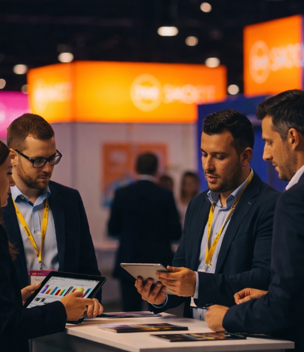 Four professionals in business attire discussing and reviewing data on tablets at a conference booth with orange signage in the background.