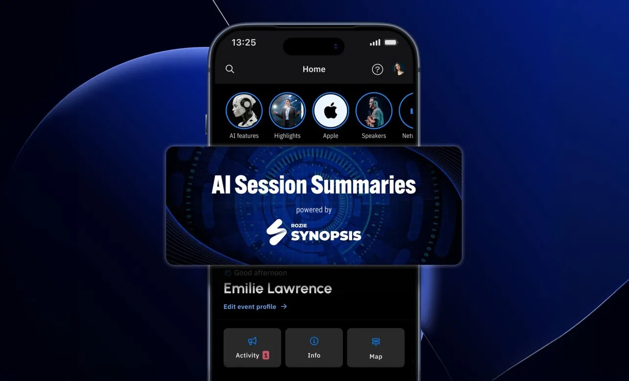 Smartphone screen showing an app interface with sections for AI features, Highlights, Apple, Speakers, and a banner reading AI Session Summaries powered by Rozie Synopsis.