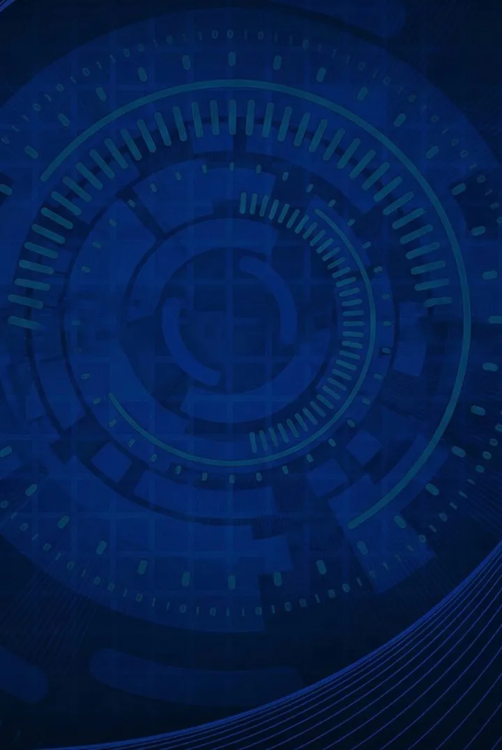 Abstract blue digital interface background with concentric circular patterns and binary code elements.