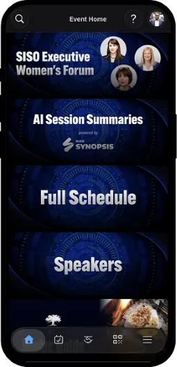 Mobile app screen with event options: SISO Executive Women’s Forum, AI Session Summaries, Full Schedule, Speakers.