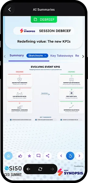 Mobile screen showing session debrief summary on evolving event KPIs with challenges and solutions.