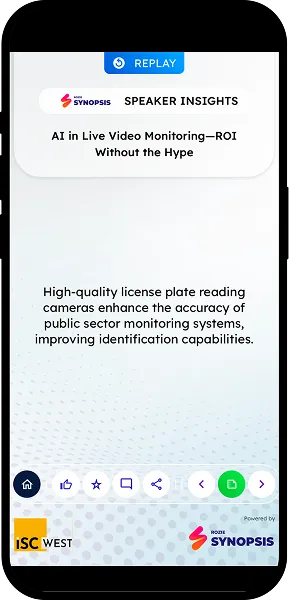 Mobile app screen with event options: SISO Executive Women’s Forum, AI Session Summaries, Full Schedule, Speakers.