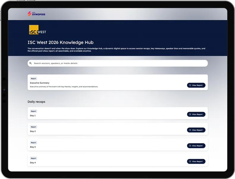 Tablet screen showing SISO CEO Summit 2026 Knowledge Hub with search bar and executive summary report buttons.