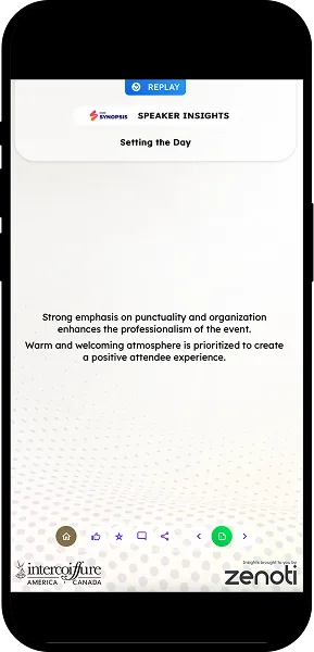 Mobile app screen with event options: SISO Executive Women’s Forum, AI Session Summaries, Full Schedule, Speakers.