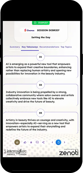 Mobile app screen with event options: SISO Executive Women’s Forum, AI Session Summaries, Full Schedule, Speakers.