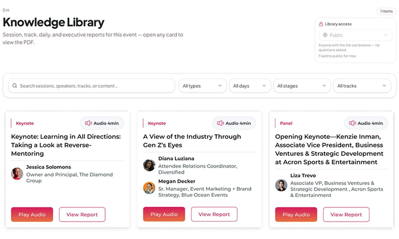 Knowledge Library page with audio keynotes and panel sessions listed, including speaker names and Play Audio buttons.