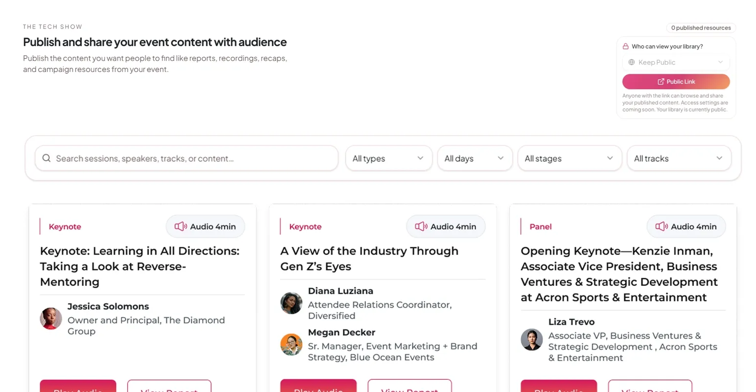 Interface of The Tech Show platform showing options to publish and share event content like reports and recordings. It includes search filters for sessions, types, days, stages, and tracks, and displays three audio keynote sessions: 'Learning in All Directions' by Jessica Solomons, 'A View of the Industry Through Gen Z's Eyes' by Diana Luziana and Megan Decker, and 'Opening Keynote' by Liza Trevo.