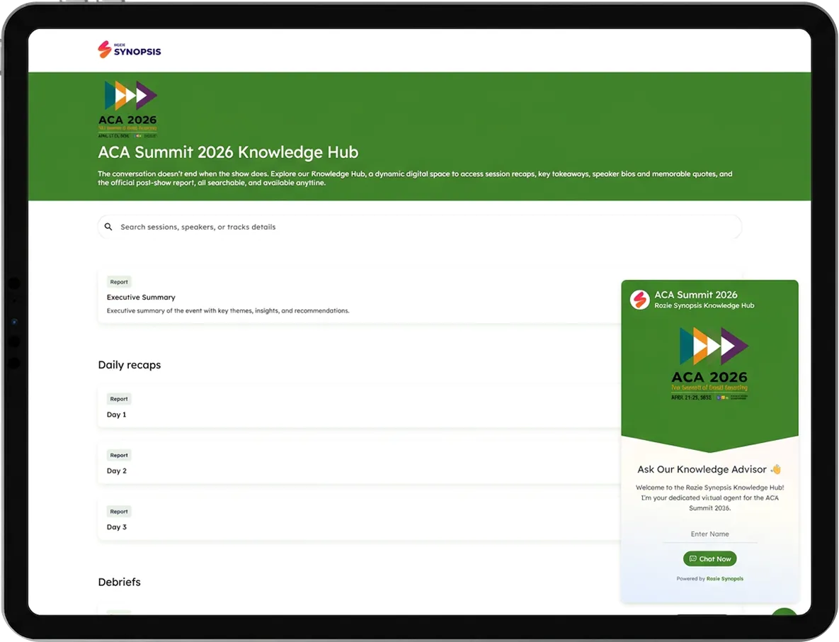 Mobile app screen with event options: SISO Executive Women’s Forum, AI Session Summaries, Full Schedule, Speakers.