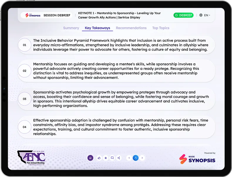 Mobile app screen with event options: SISO Executive Women’s Forum, AI Session Summaries, Full Schedule, Speakers.