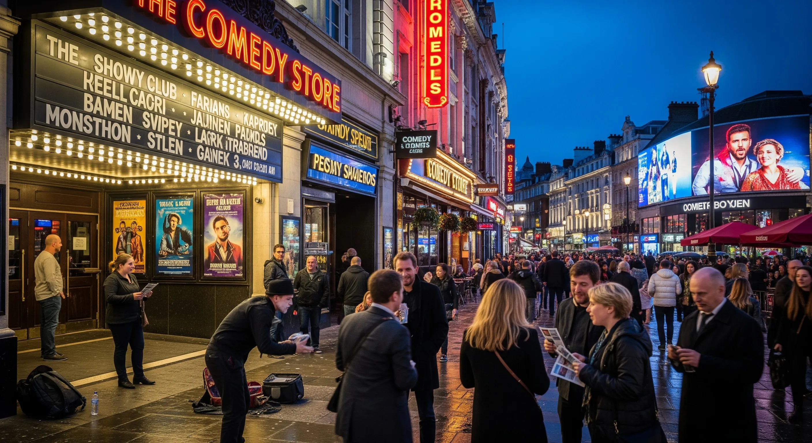 A vibrant nighttime street scene in London, with a crowd of people gathered outside a brightly lit building. The prominent sign for "The Comedy Store" is visible, surrounded by other signs and marquees advertising various comedy acts. The street is busy with pedestrians, suggesting a lively nightlife atmosphere.