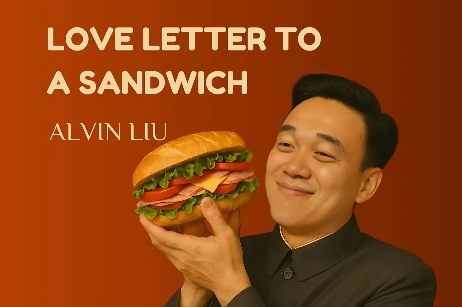 Shanghai-born comedian Alvin Liu smiling while holding a large sandwich for his new Edinburgh show, "Love Letter to a Sandwich," which features cultural observations.