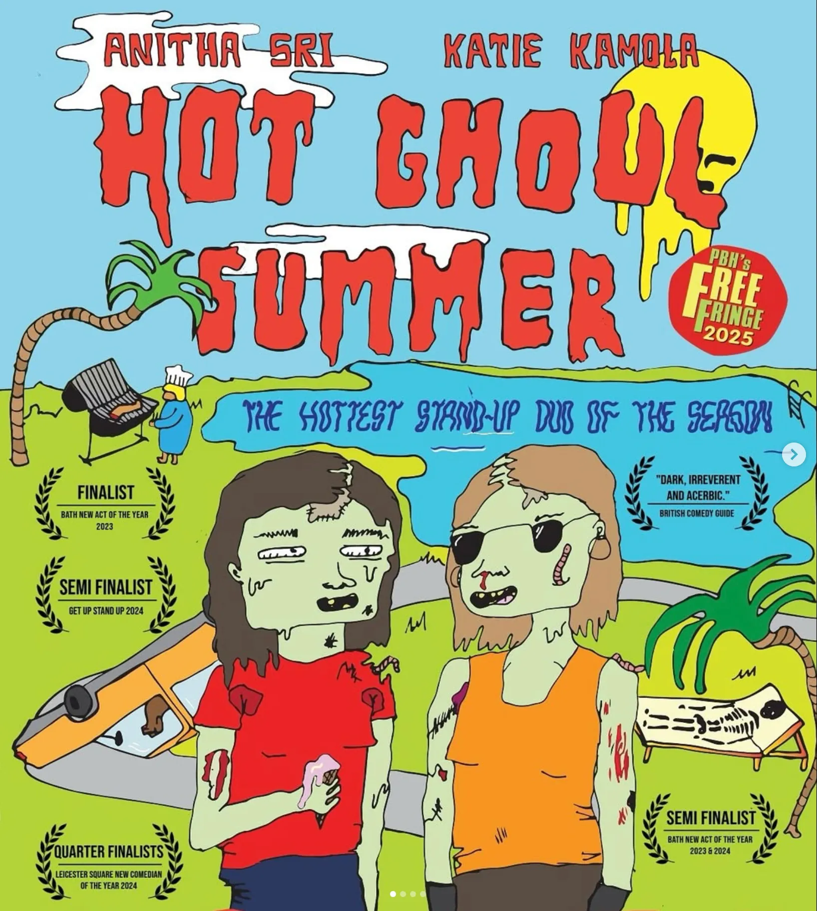 A quirky, cartoon-style poster for "Hot Ghoul Summer" featuring comedy duo Anitha Sri and Katie Kamola for their free fringe show.
