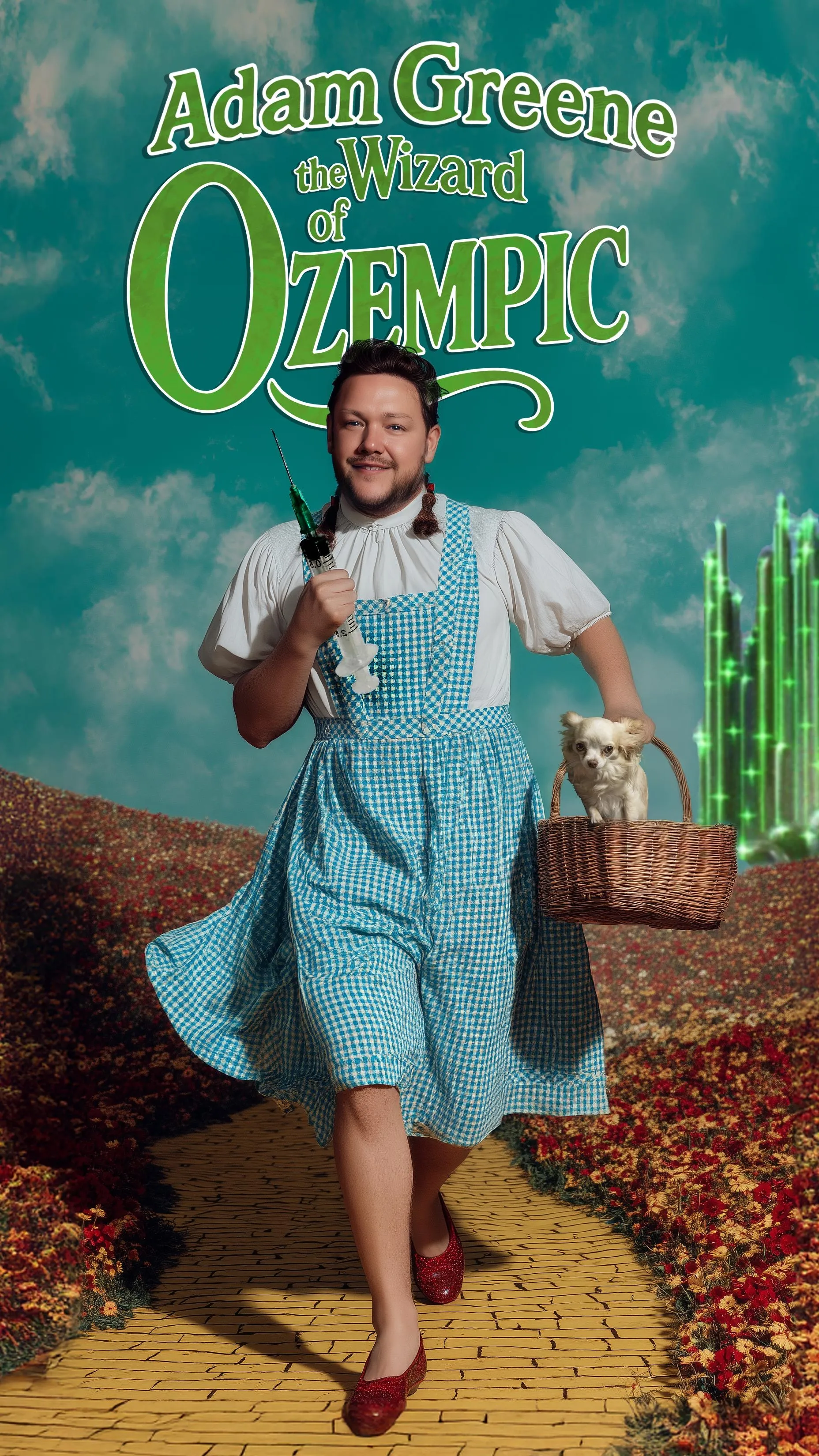 Comedian Adam Greene dressed as Dorothy, holding a large syringe and a dog in a basket, for his satirical comedy show "The Wizard of Ozempic."