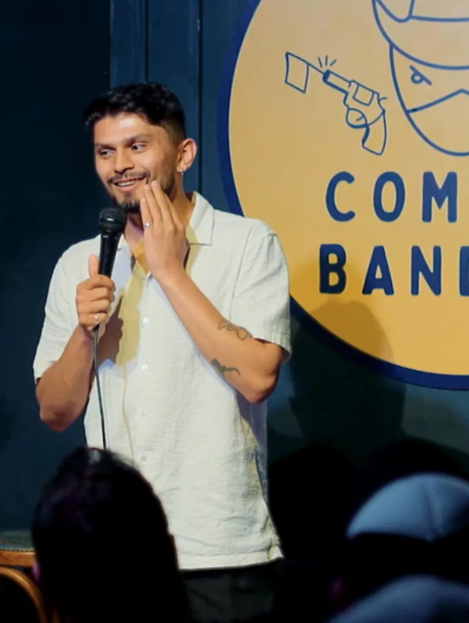 Heman Makwana performing stand-up at Comedy Freaks, London’s wildest comedy club, bringing misdirection, silliness, and high-energy laughs.