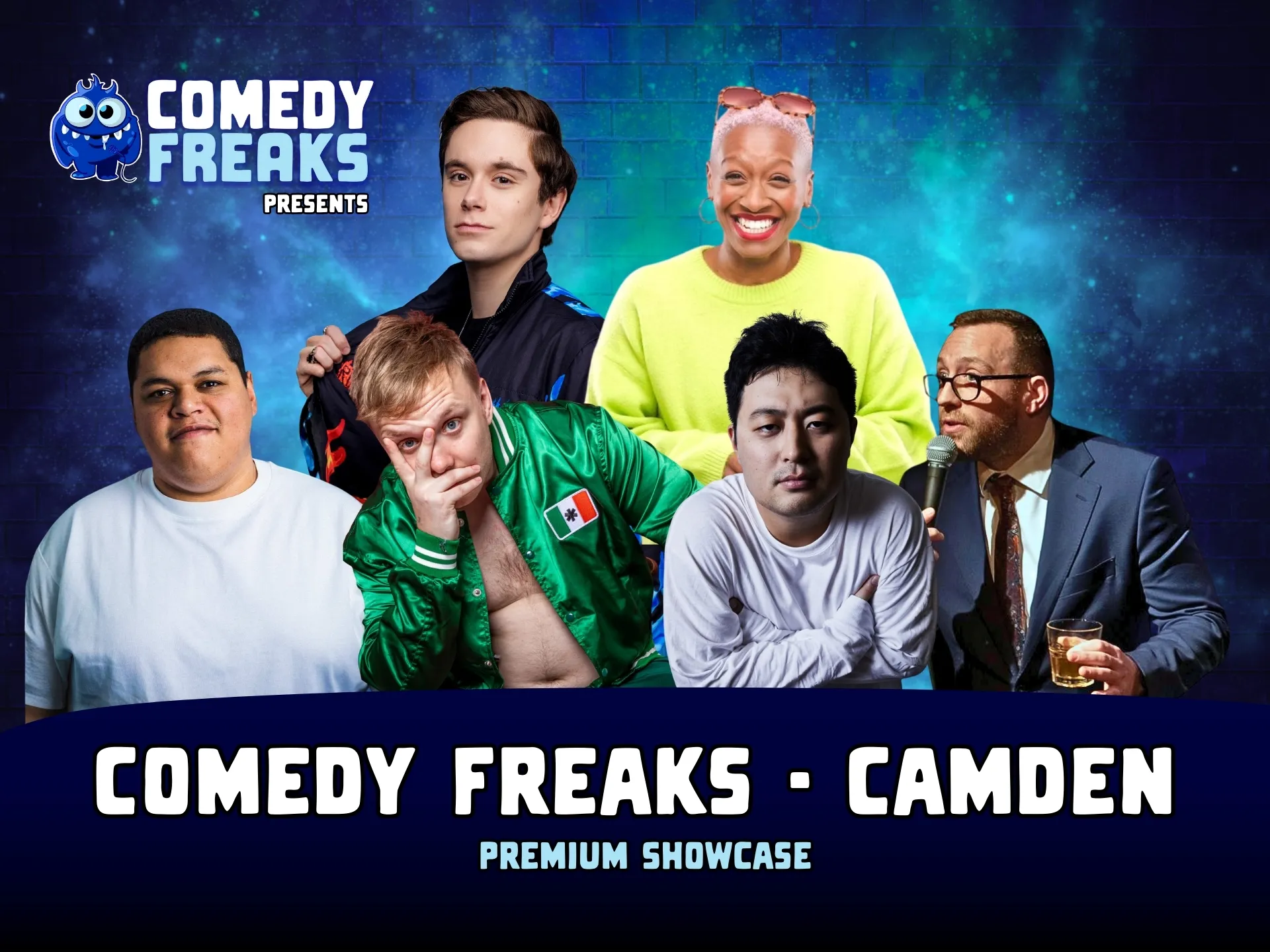 London comedy show poster displaying six performers for December 5th Camden comedy club Friday showcase, with host Jomi Cruz and comedians Ed Kear, Reece Kidd, and Chantel Nash among the lineup, photographed in a friendly group arrangement with the Comedy Freaks branding above.