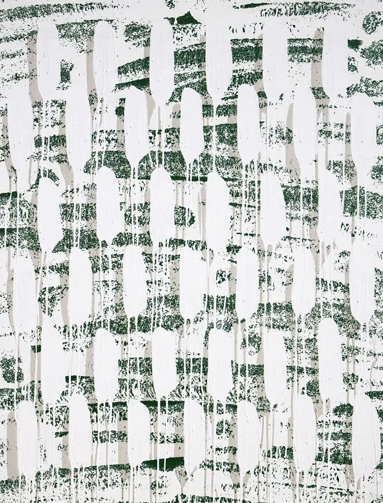 Composition abstraite blanche et verte avec un effet de peinture qui coule.