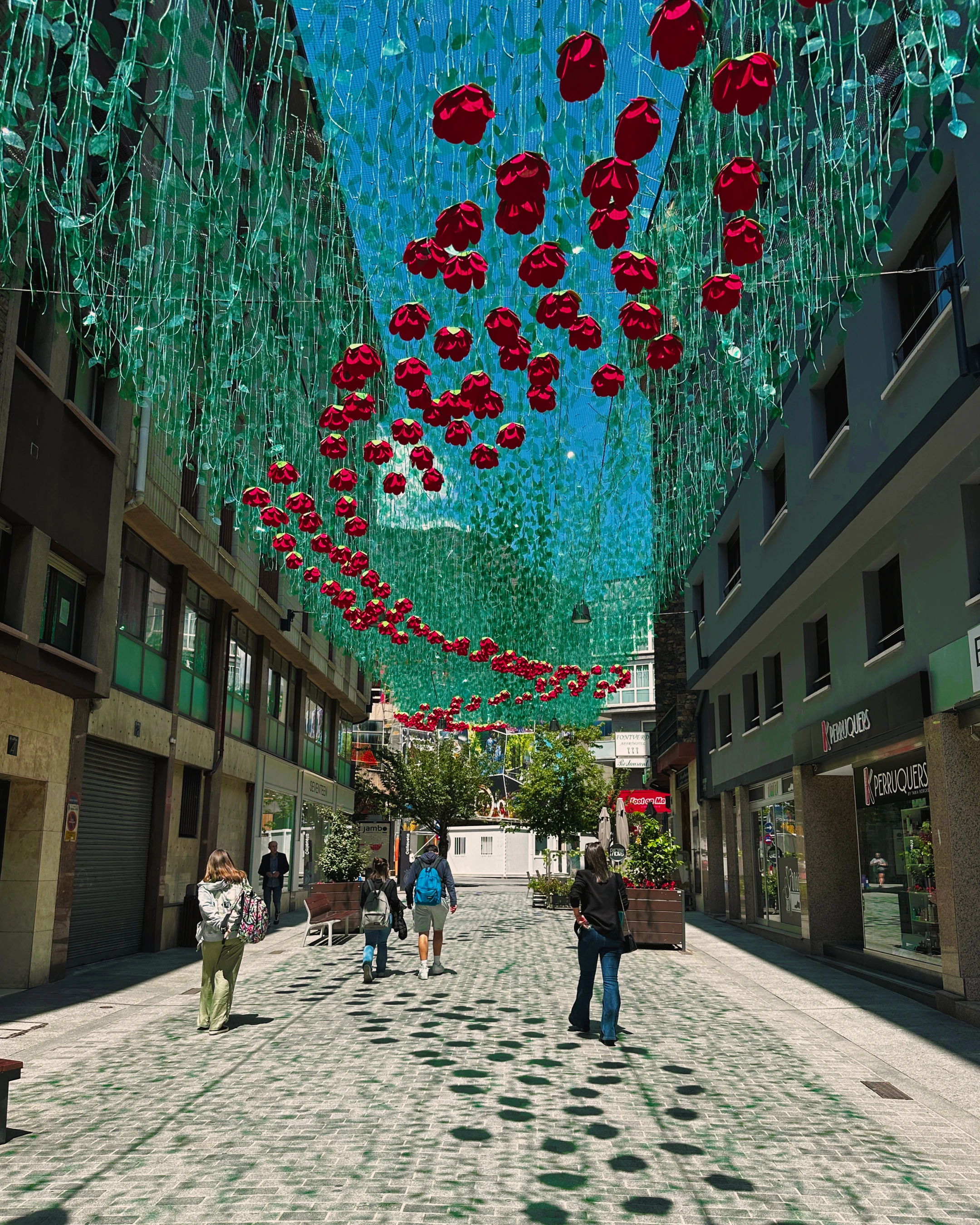 Passants marchant sous une installation de filets verts et de fleurs rouges suspendues entre deux immeubles