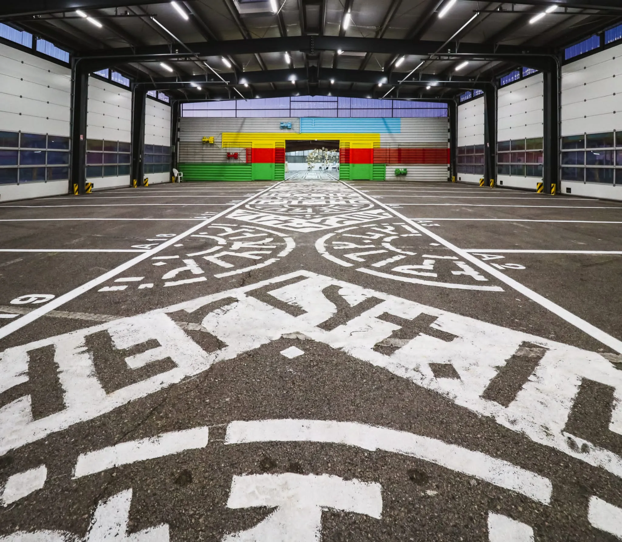 Vue d’ensemble d’un parking décoré de motifs blancs géométriques sur le sol, avec un fond coloré.