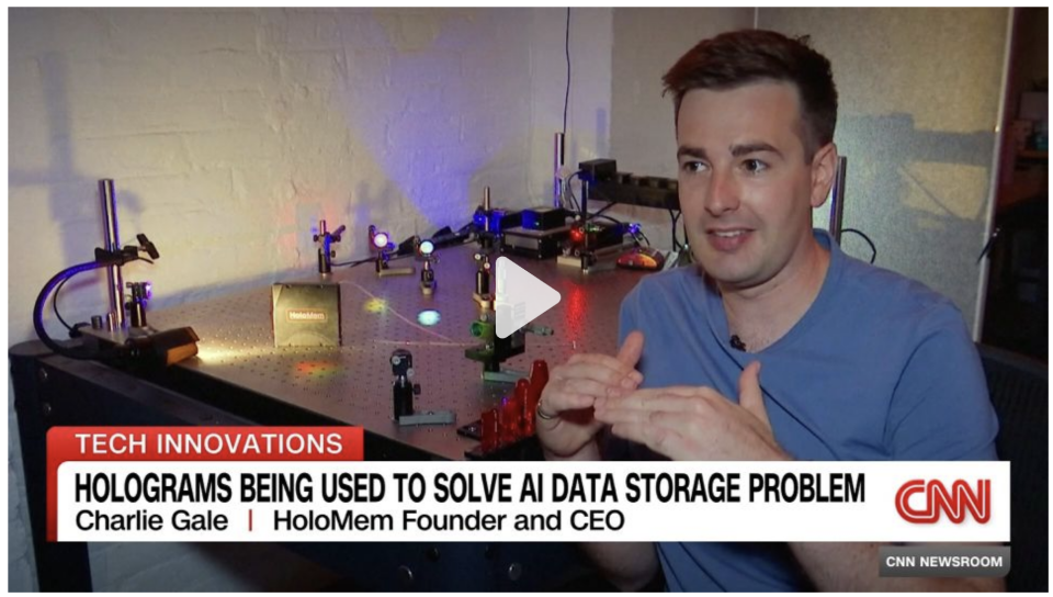 CNN Newsroom segment “Holograms being used to solve AI data storage problem”, with HoloMem founder and CEO Charlie Gale in the lab