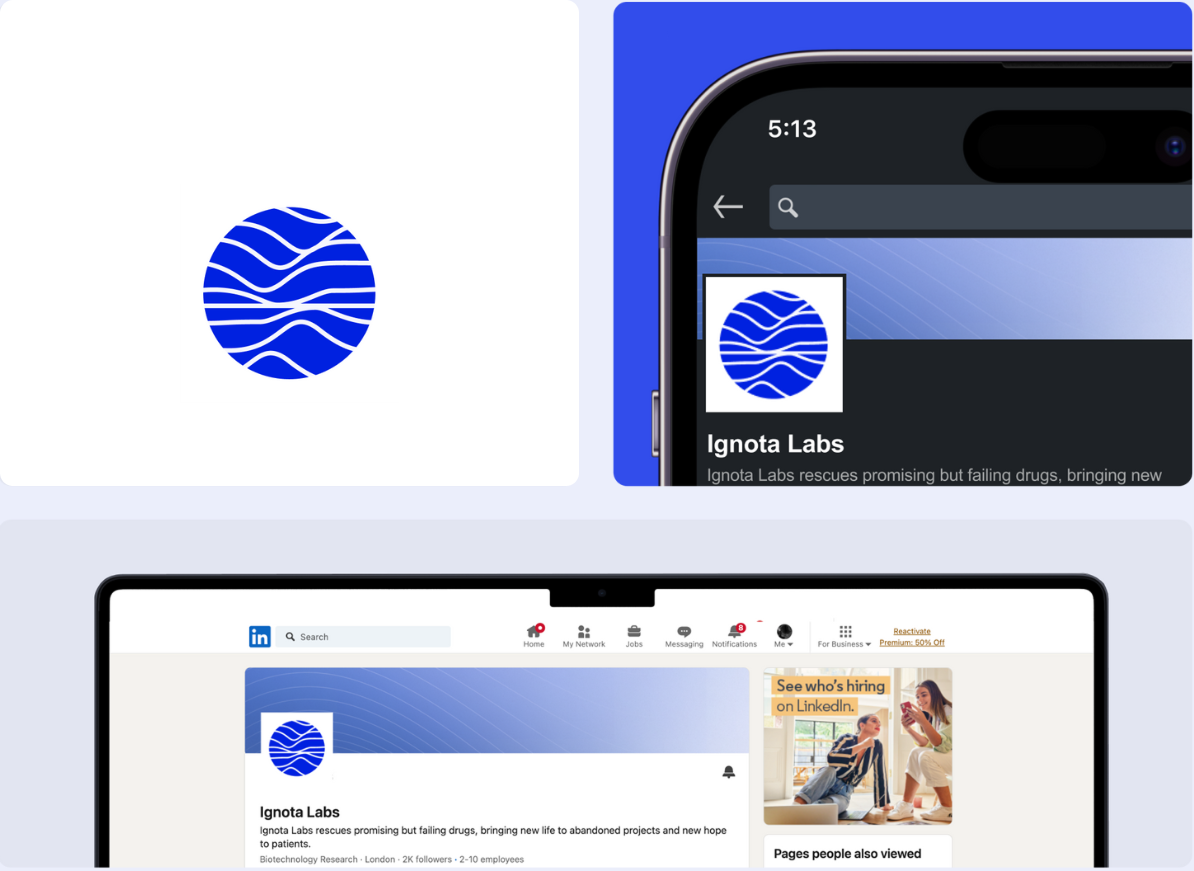 Ignota Labs logo and LinkedIn page on a phone and a laptop