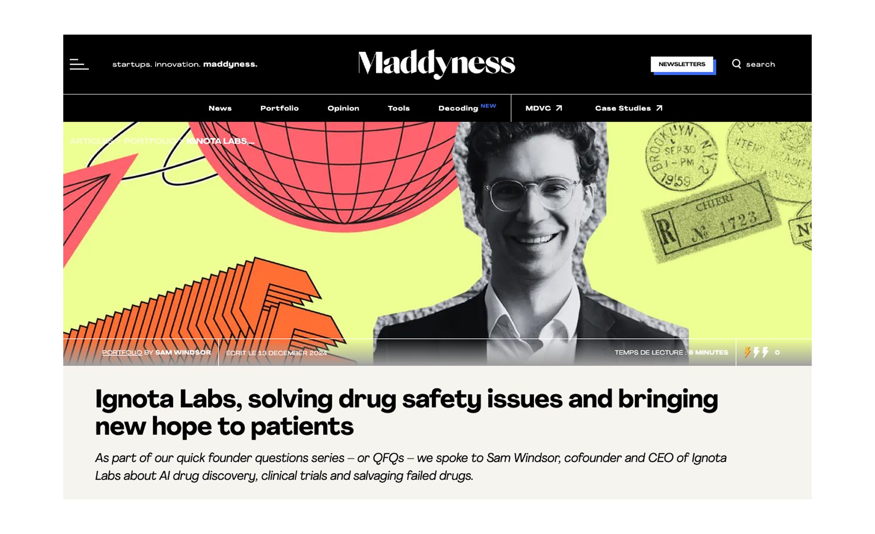 Maddyness interview “Ignota Labs, solving drug safety issues and bringing new hope to patients”, with cofounder and CEO Sam Windsor
