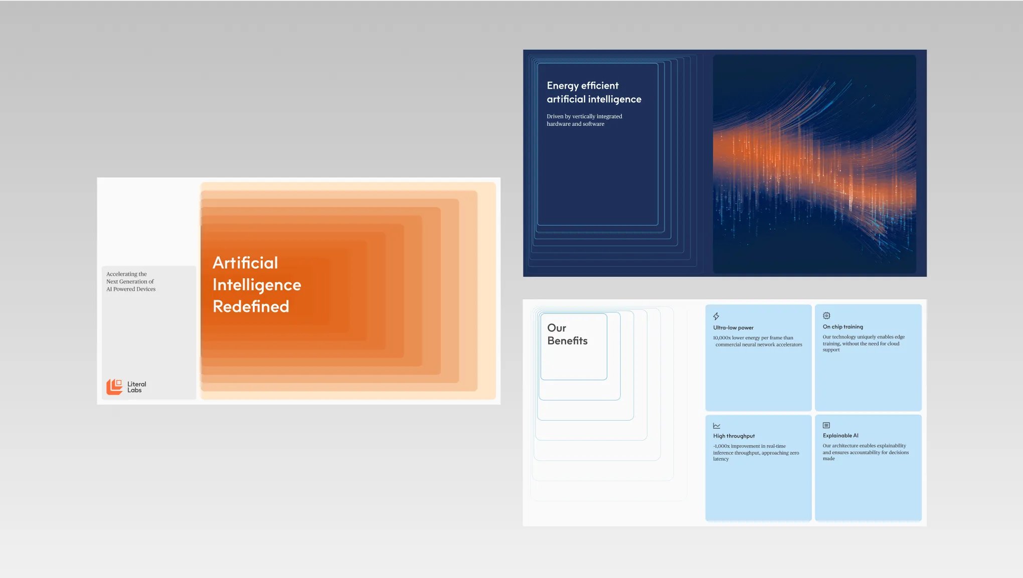Literal Labs pitch deck slides, “Artificial Intelligence Redefined” and “Energy efficient artificial intelligence”
