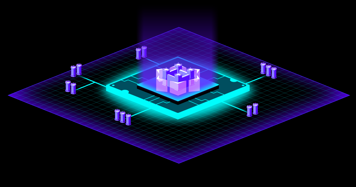 Periphery illustration of an embedded security chip on a glowing grid, connected to IoT devices