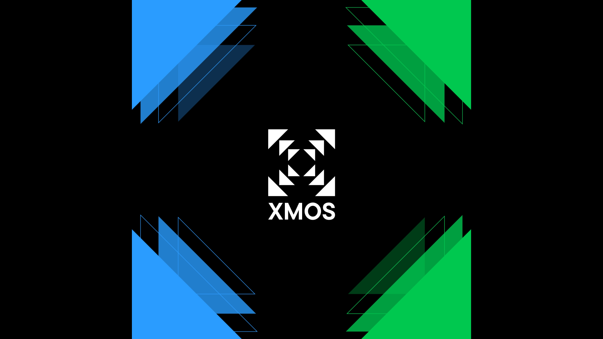 XMOS logo with blue and green triangular brand graphics on black