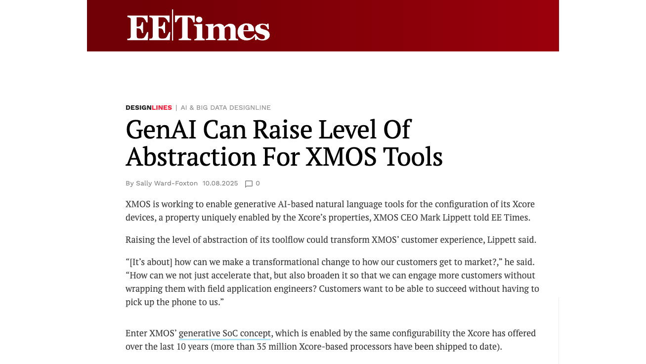 EE Times article “GenAI Can Raise Level Of Abstraction For XMOS Tools”