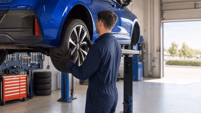 A technician checking a car wheel in the HiQ workshop