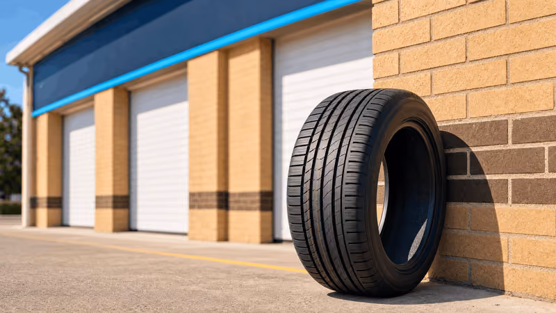 A tyre outside the HiQ service bays at Towcester