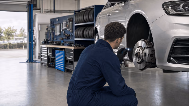 A technician checking a brake disc in the HiQ workshop