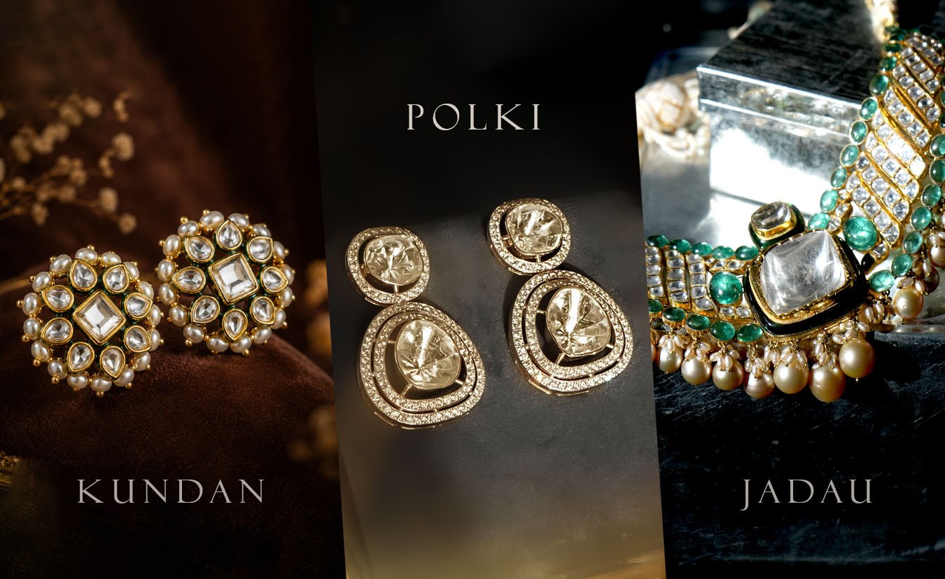 Difference between polki, kundan and jadau jewellery shown side by side