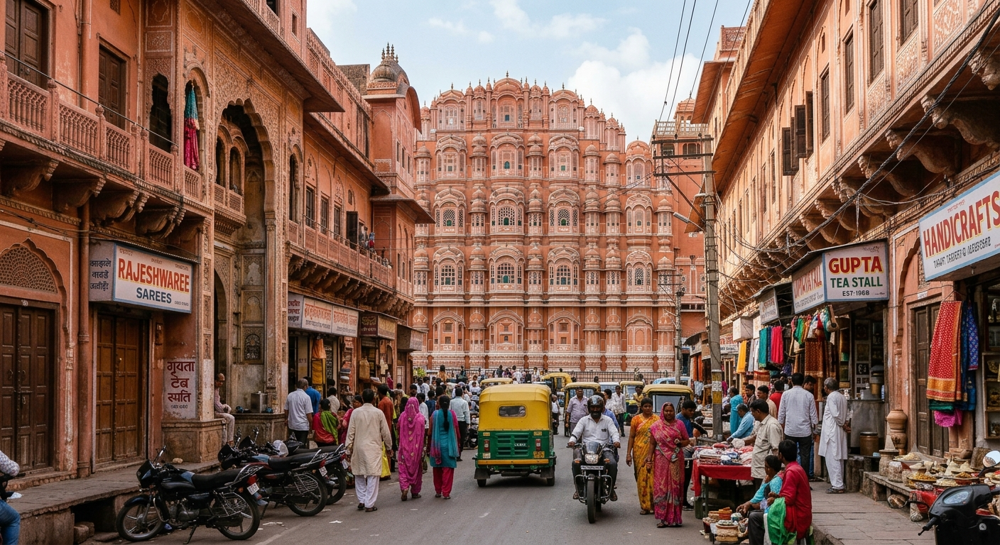 Pink and gerua facades of Jaipur's walled city, home of the city's jewellery trade]