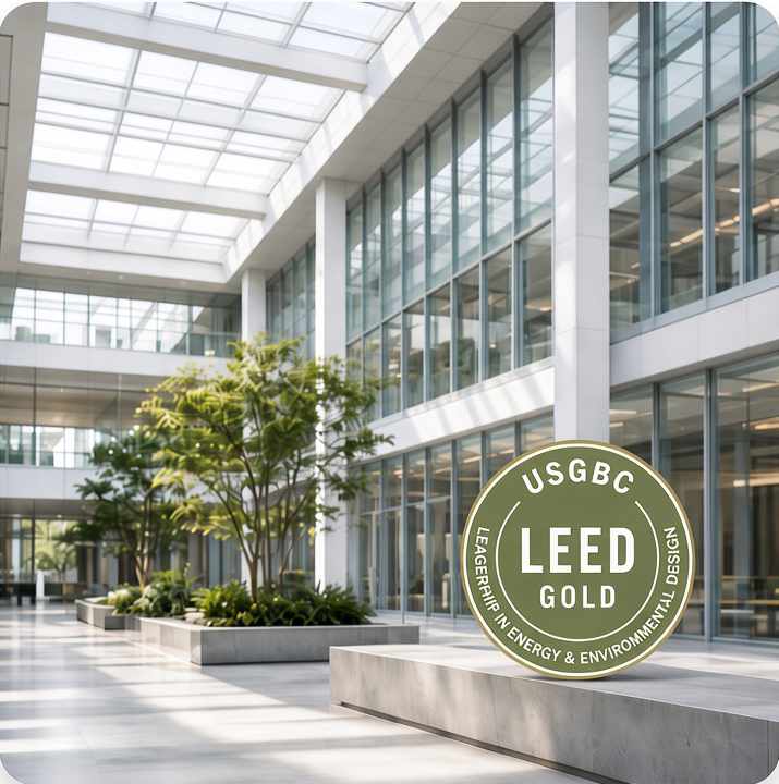 Sunlit office atrium with a LEED Gold certification badge overlay