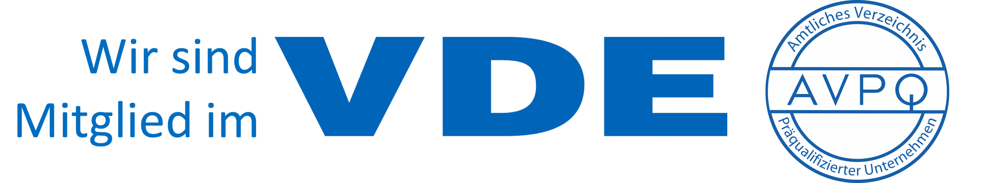 Text „Wir sind Mitglied im VDE“ neben einem runden VDE AVPQ-Siegel.