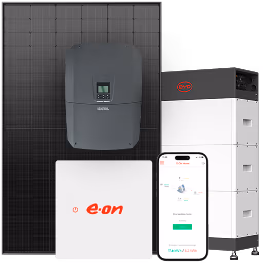 Offer

Solar Komplett Paket M

Beschreibung
Das Komfortpaket für eine verbesserte Eigenversorgung: Eine Anlage mit 9,900 kWp,
bei geeigneter Dachfläche beliebig erweiterbar.
‍
Inhalt
- 22 Module JA Solar JAM54D41-450/LB
- Baustelleneinrichtung / Gerüst bis max. 50 m²
- Wechselrichter KOSTAL PLENTICORE 10 - G3
- Batteriespeicher BYD HVS+ 7.7
- Schlüsselfertige Montage der Anlage
- Einrichtung Monitoring-App
- E.ON Home Energiemanager
- Abwicklung aller Formalitäten mit dem Netzbetreiber
- Allgefahrenversicherung für die ersten 5 Jahre

Benötigte Dachfläche: ca. 45 m²