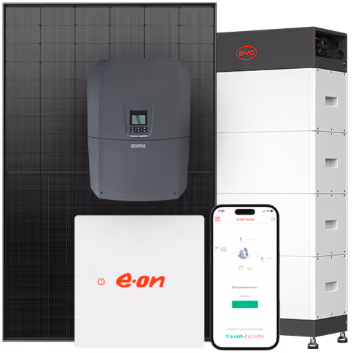 Offer

Solar Komplett Paket L

Beschreibung
Das Premiumpaket für maximale Autarkie: Eine Anlage mit 13,050 kWp,
bei geeigneter Dachfläche beliebig erweiterbar.
‍
Inhalt
- 29 Module JA Solar JAM54D41-450/LB
- Baustelleneinrichtung / Gerüst bis max. 50 m²
- Wechselrichter KOSTAL PLENTICORE 12.5 - G3
- Batteriespeicher BYD HVS+ 10.2
- Schlüsselfertige Montage der Anlage
- Einrichtung Monitoring-App
- E.ON Home Energiemanager
- Abwicklung aller Formalitäten mit dem Netzbetreiber
- Allgefahrenversicherung für die ersten 5 Jahre

Benötigte Dachfläche: ca. 60 m²