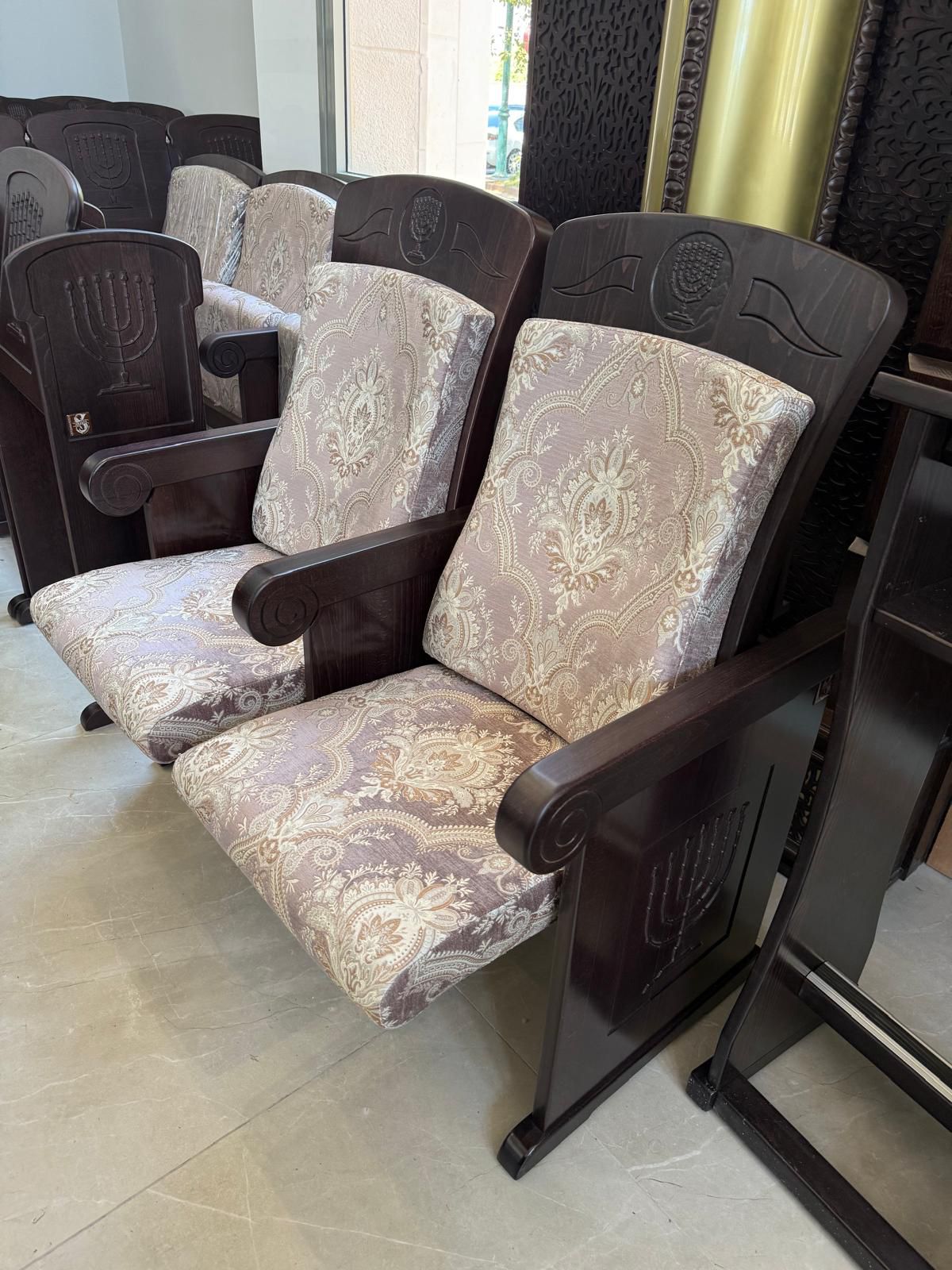 Synagogue chair "Vilna" with wood and fabric upholstery