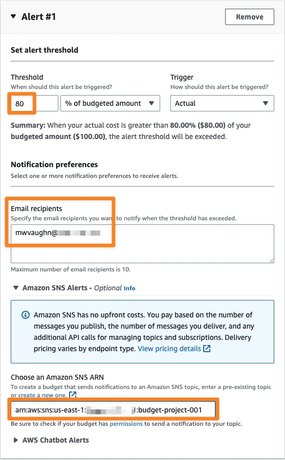 Screenshot of AWS budget alert configuration showing threshold set to 80% of budget, actual cost trigger, email notification recipients, and optional Amazon SNS alert settings.